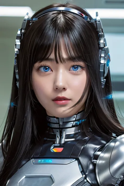 masterpiece, best quality, extremely detailed,  Japaese android girl,Plump , control panels,android,Droid,Mechanical Hand, Robot arms and legs, Black Robot Parts,Black hair,Mechanical body,Blunt bangs,White robotics parts,perfect robot girl,future informat...