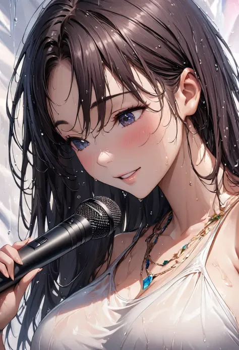 Beautiful girl 、Age 30、Best Quality、Ultra-precision、Detailed drawing、Jump with microphone、stage、Sharpness、shoulderless dress、Close to the body、Beautiful big boobs、 wet hair 、Vivid colors、A very ecstatic expression、Slender figure、 gemstone necklace 、Accurat...