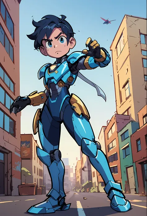 detailed cartoon image of a young man in blue and gold armor,  boy in cybernetic armor mecha , armor boy, nanoboy, hero 2d fanar...