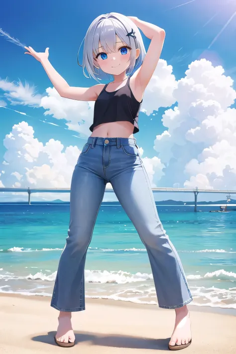 masterpiece,best quality,ultra detail,1girl, 14yo,petite,smile happy, in the beach, shining, sunny, cloud, short hair, blue eyes, silver hair, hair ornament, ribbon hair ornament, Raise your arms and behind your head,White teeth, white tank tops, white cro...