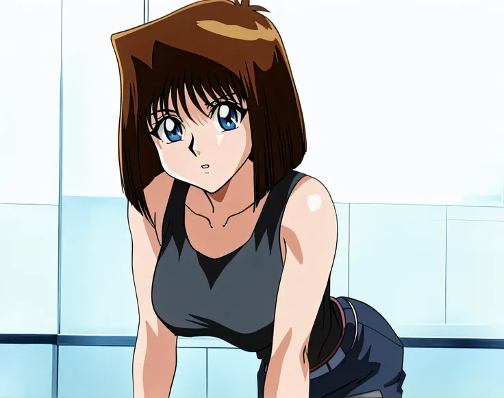 brown haired anime woman standing on the floor, blue eyed woman,  bob cut ,  anime styleキャラクター, clothing: black tank top , woman...