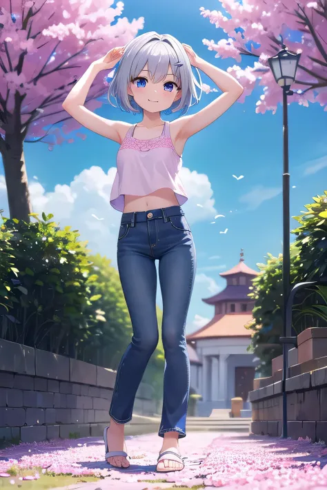 masterpiece,best quality,ultra detail,1girl, 14yo,petite,smile happy, sakura flower garden, shining, sunny, cloud, short hair, blue eyes, silver hair, hair ornament, ribbon hair ornament, Raise your arms and behind your head,White teeth, pink tank tops, pi...