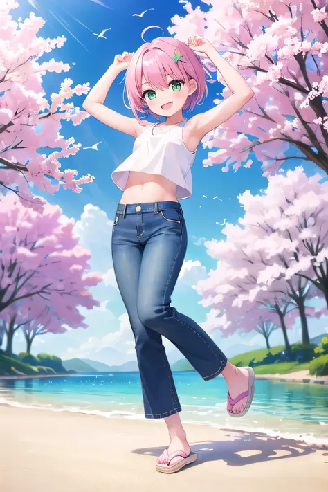 masterpiece,best quality,ultra detail,1girl, 14yo,petite,smile happy, sakura garden, shining, sunny, cloud, short hair, green eyes, pink hair, hair ornament, ribbon hair ornament, Raise your arms and behind your head,White teeth, White Tank tops, White Cro...