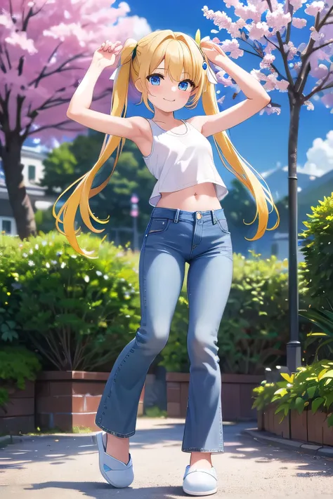 masterpiece,best quality,ultra detail,1girl, 14yo,petite,smile happy, sakura garden, shining, sunny, cloud, twintail hair, blue eyes, yellow hair, hair ornament, ribbon hair ornament, Raise your arms and behind your head,White teeth, White Tank tops, White...