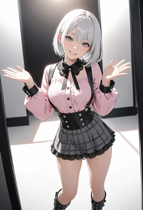 1 Japanese girl, ((shiny silver hair)), bob cut, bang between eyes, beautiful hair), (glossy silver eyes:1.5), (beautiful eyes, twinkle eyes, large eyes), (athlete body, large breasts), cute face, beautiful face, pretty face, beautiful, good anatomy, long ...
