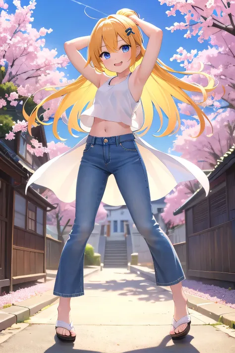 masterpiece,best quality,ultra detail,1girl, 14yo,petite,smile happy, sakura garden, shining, sunny, cloud, long hair, blue eyes, yellow hair, hair ornament, ribbon hair ornament, Raise your arms and behind your head,White teeth, White Tank tops, White Cro...