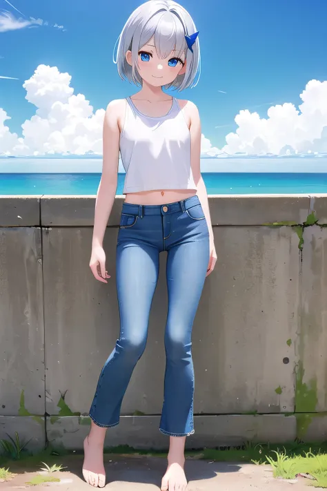 masterpiece,best quality,ultra detail,1girl, 14yo,petite,smile happy, ocean, shining, sunny, cloud, short hair, blue eyes, silver hair, hair ornament, ribbon hair ornament, White Tank tops, White Crop tops, jeans pants, (flares jeans 1:1), blue jeans, bare...