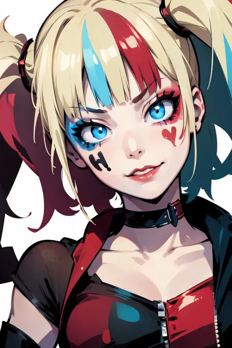 harley quinn a crazy girl from dc comic ,  she is looking at the camera with a sinister look.