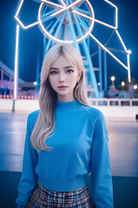 1girl in, Super beautiful girl, Dream Girl, Wearing blue, ulzzangs, Dancing, Concert in amusement park in the background, Lightning in the sky, Ultra Details, A hyper-realistic, Cinematic , Octane Render, 16 K,a blond
