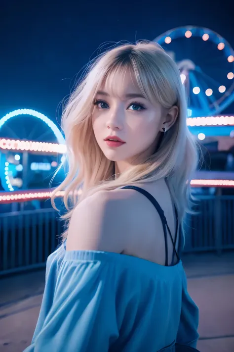 1girl in, Super beautiful girl, Dream Girl, Wearing blue, ulzzangs, Dancing, Concert in amusement park in the background, Lightning in the sky, Ultra Details, A hyper-realistic, Cinematic , Octane Render, 16 K,a blond