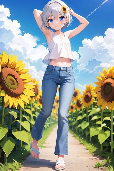 masterpiece,best quality,ultra detail,1girl, 14yo,petite,smile happy, sunflower garden, shining, sunny, cloud, short hair, blue eyes, silver hair, hair ornament, ribbon hair ornament, Raise your arms and behind your head,White teeth, White Tank tops, White...