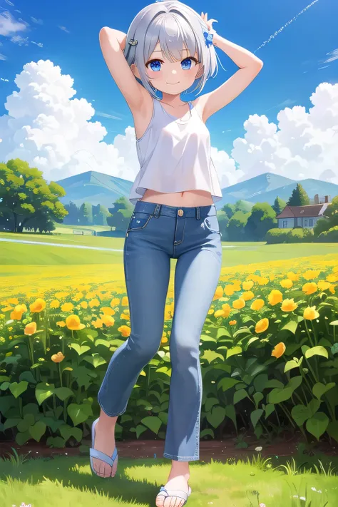 masterpiece,best quality,ultra detail,1girl, 14yo,petite,smile happy, flower garden, shining, sunny, cloud, short hair, blue eyes, silver hair, hair ornament, ribbon hair ornament, Raise your arms and behind your head,White teeth, White Tank tops, White Cr...