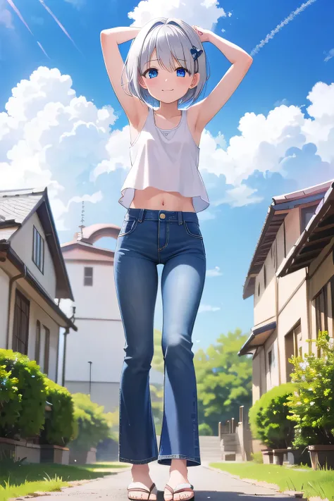 masterpiece,best quality,ultra detail,1girl, 14yo,petite,smile happy, sakura garden, shining, sunny, cloud, short hair, blue eyes, silver hair, hair ornament, ribbon hair ornament, Raise your arms and behind your head, Open your mouth, white tank tops, whi...