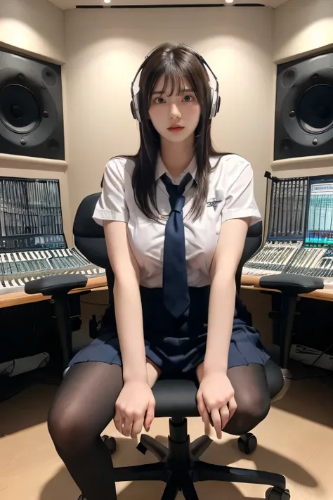 Masterpiece, 8K, High school girl, Photorealistic, (Plump breast:1.2), (sitting in (Recording Studio) chair  with her legs spread wide:1.3), (( shot from the bottom of the front:1.2)), (From below:1.3), (Bob hair:1.2), (School uniform:1.3), staring at view...