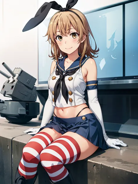 ((Best Quality,  high definition,   perfect pixel,  4K)),  ( beautiful anime girl),  depth of field 、

isshiki iroha, 

shimakaze ( kancolle)
elbow gloves
striped thighhighs
highleg panties
blue pleated skirt
boots,

blush、smile、
