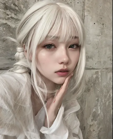 blonde woman with long hair and a white shirt posing for a photo, white fringe, long white hair and bangs, cabelo white fringe c...