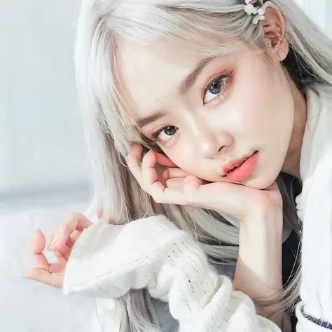 there is a young girl with long hair and a white sweater,blackpink jennie, portrait of jennie from blackpink, long white hair an...