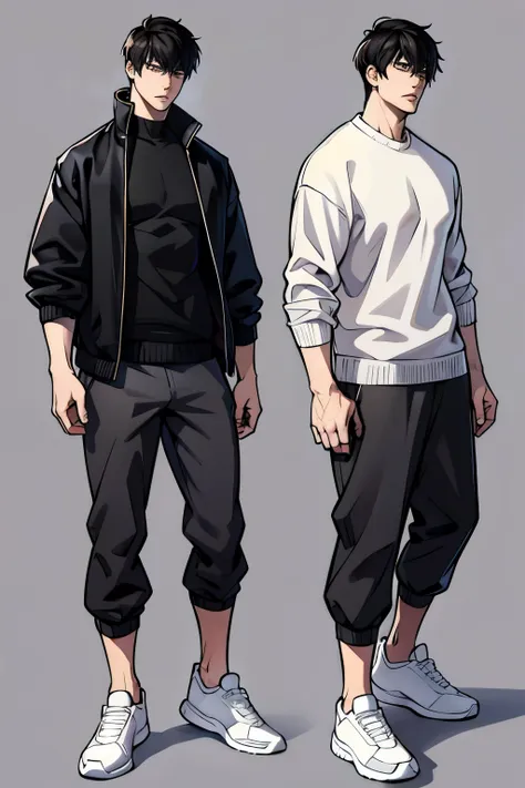 character sheet, character design, male, 20 years old, black hair, modern clothes, white sweater, black pants, white shoes, ((ma...