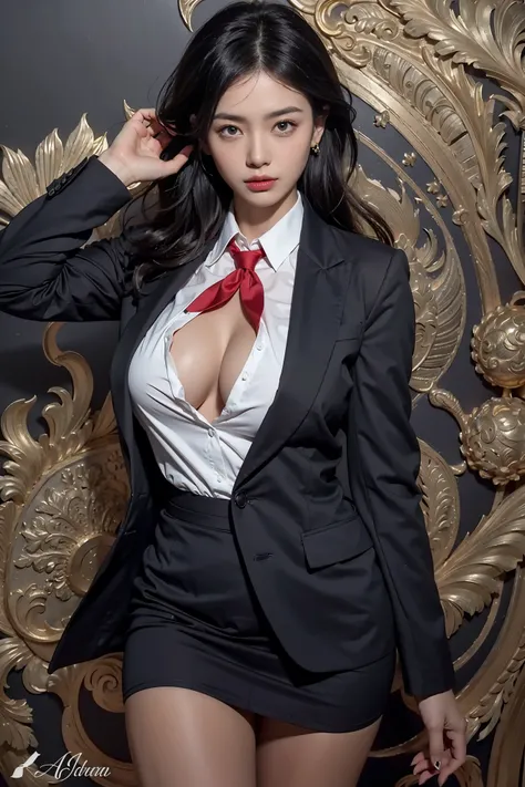 Beautiful Asian woman, white blouse, red tire, black office suit, gold gilded wall