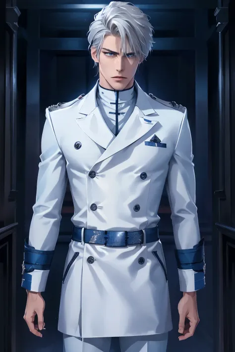 A tall, lean, muscular male Quincy warrior with sharp features, short, tousled silver hair, and glowing blue eyes. He wears a dark blue Quincy coat with silver trim and a high collar, fitted white tunic beneath, and dark blue trousers tucked into white com...