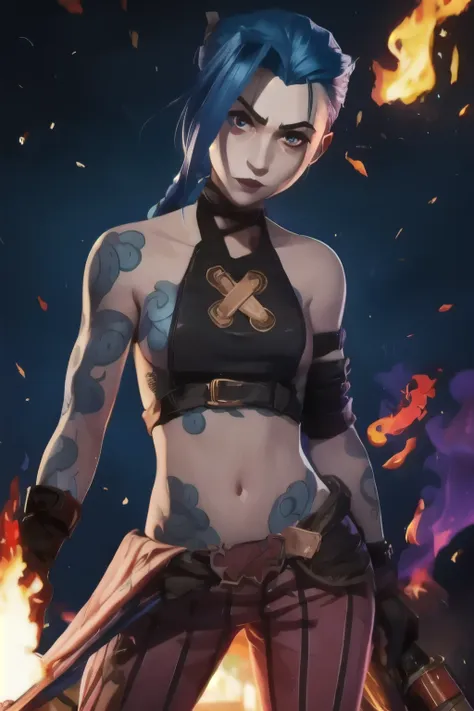 Jinx, [[tattoo]] . Best quality, detailed, intricate, 4K. Flames Background 