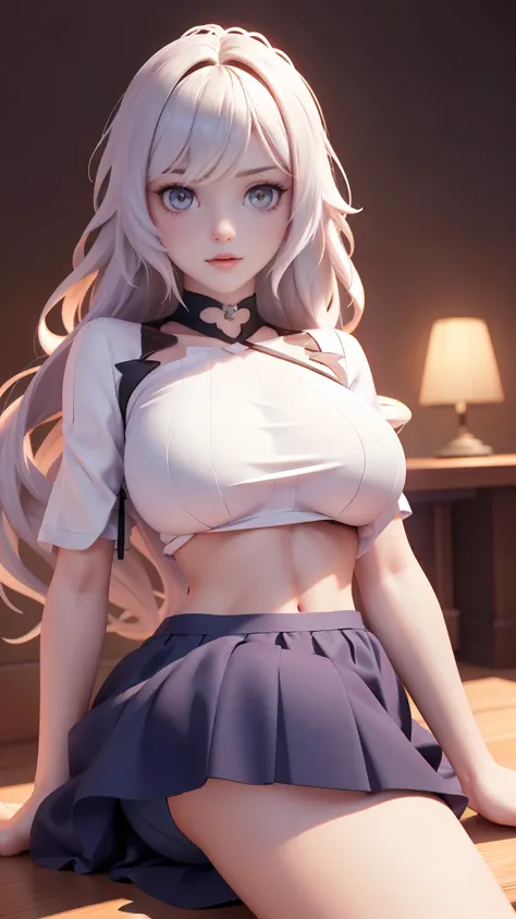 A woman with white hair wearing a tight underboob t-shirt, skirt, sexy pose, perfect ass, perfect breasts, not wearing a bra, (best quality,4k,8k,highres,masterpiece:1.2),ultra-detailed,(realistic,photorealistic,photo-realistic:1.37),highly detailed face,b...