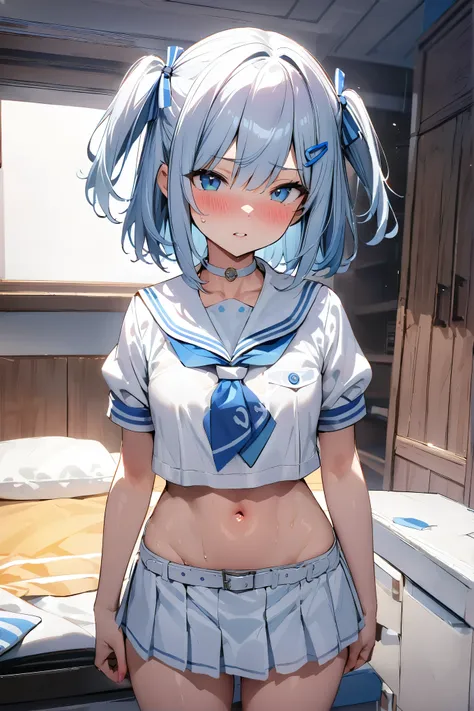 NSFW,masterpiece,Best Quality, high definition, very detailed, short hair、 two side up 、Hair Clip、White choker、 sailor suit、Short dress、Short sleeve、 blue neckerchief、White belt, girls room ,Distributor