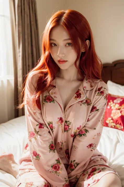 there is a woman sitting on a bed wearing a pink floral pajamas, red-haired girl, beautiful red-haired woman, red-haired woman, ...