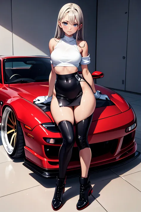 pretty girl next to a tuned rx7 , widebody kit , deep rim wheel ,custom car  ,, high definition,  high details, とても小さな胸