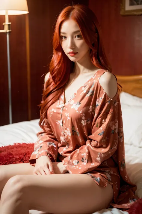 there is a woman sitting on a bed wearing a pink floral pajamas, red-haired girl, beautiful red-haired woman, red-haired woman, ...