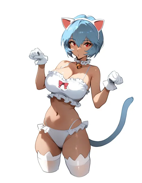 1girl, ayanami rei, neon genesis evangelion
masterpiece, best quality, newest ///// nyantcha, khyle, cutesexyrobutts slim,, thin waist, solo, looking at viewer, white background, simple background,, cropped legs,, paw pose, big breasts, white cat linger...
