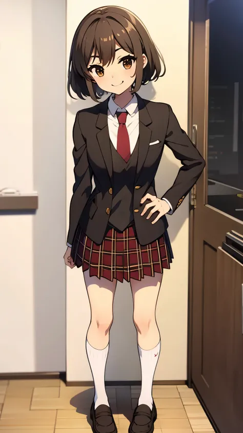 (crass room), anime style, ultra high res, break white socks1:4, break Best quality, adult body, UHD, break contented smile, black blazer, break looking back , red tie, red plaid pattern skirt, brown loafer, sharpen, 32k, masterpiece, intense gaze,