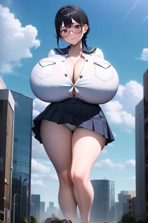 1girl, flustered, (huge breast), black hair, Braid, glasses, School uniform, white Shirt, pleated skirt, chest pocket, looking at viewer, Giantess, microcity, A woman bigger than the city, fullbody, underwear, Dust cloud, Collapsing City, from side, from b...