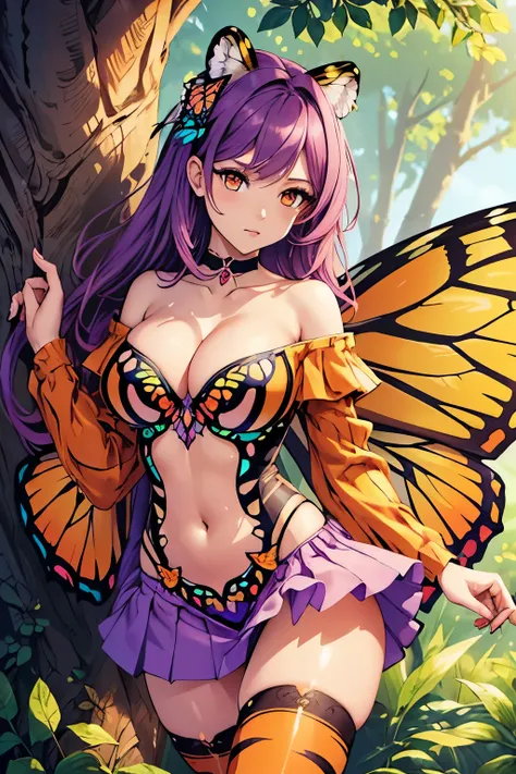 Woman, adult human, beauftifull female, (butterfly wings:1.2), (tiger-striped outfit:1.2), (cute small fairy:1.1), (iron eater), (fairy style clothes:1.1), (long hair), (bright purple hair:1.1), (orange eyes:1.1), (fit slander body:1.1), (detailed stomach)...