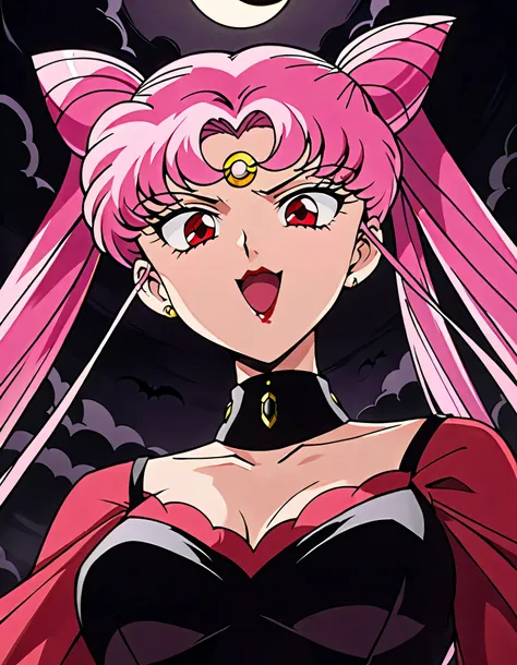 Wicked Lady from Sailor Moon, Pink Hair, Red eyes, , Black crescent moon mark on forehead, very evil smile,open_mouth,beautiful body,shaded face(eyes in evil shadow),((masterpiece,best quality)), absurdes,black dress,upper body,beautiful face,,looking down...