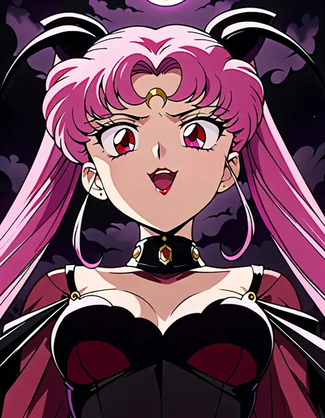 Sailor Moons Wicked Lady, Pink Hair, Red eyes, , Black Crescent Moon Mark on Forehead , very evil smile,open_mouth,beautiful body,shaded face(eyes in evil shadow),((masterpiece,best quality)), absurdes,black dress,upper body,beautiful face,,looking down ...
