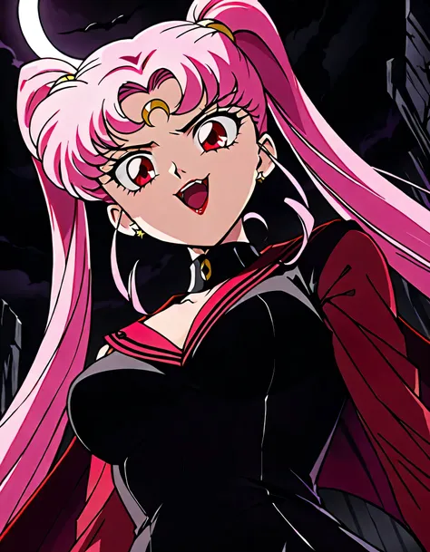 sailor moon's wicked lady, pink hair, red eyes, ,  black crescent moon mark on forehead , very evil smile,open_mouth,beautiful b...