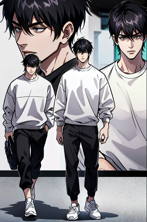 character sheet, character design, male, 20 years old, black hair, modern clothes, white sweater, black pants, white shoes, ((ma...