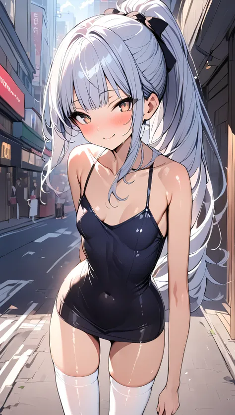 ((masterpiece,Best Quality:1.3,best quality illustrations)),portrait,1woman,adult,(very small head:1.2),(light blue hair,ponytail),long hair,bangs,gorgeous eyes,brown eyes,smile,blush,(very long body),small breasts,( dark blue tank mini dress ,white_thighh...