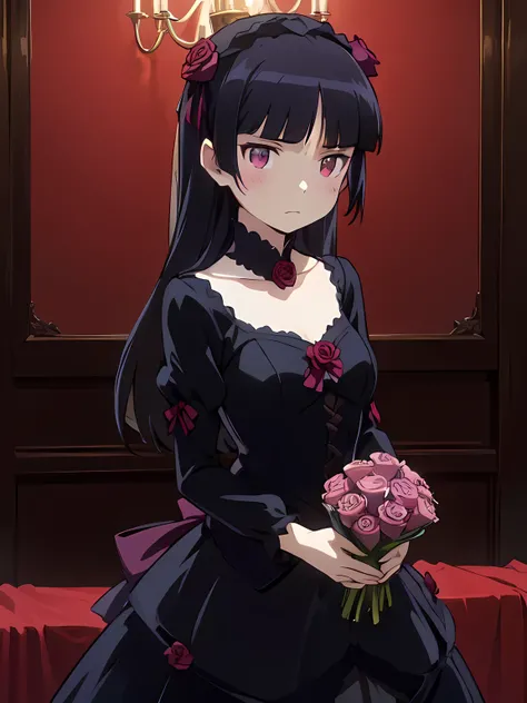 (( holding a bouquet of roses)), gothic,  Mysterious ,   Woman in Black Dress,   Crimson Rose  , Dark Background,  slightly foggy  ,   romantic  