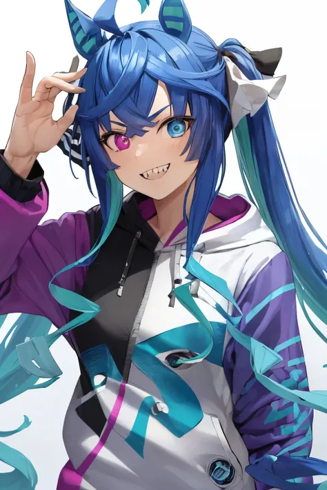 ((masterpiece,Best Quality)), Absurd, Upper body portrait, twin_turbo_Horse Girl,   Aqua Hair, twinテール, Heterochroism ,  purple eyes,  blue eyes , sharp teeth ,  multicolor hoodie, Alone, smile,  ,