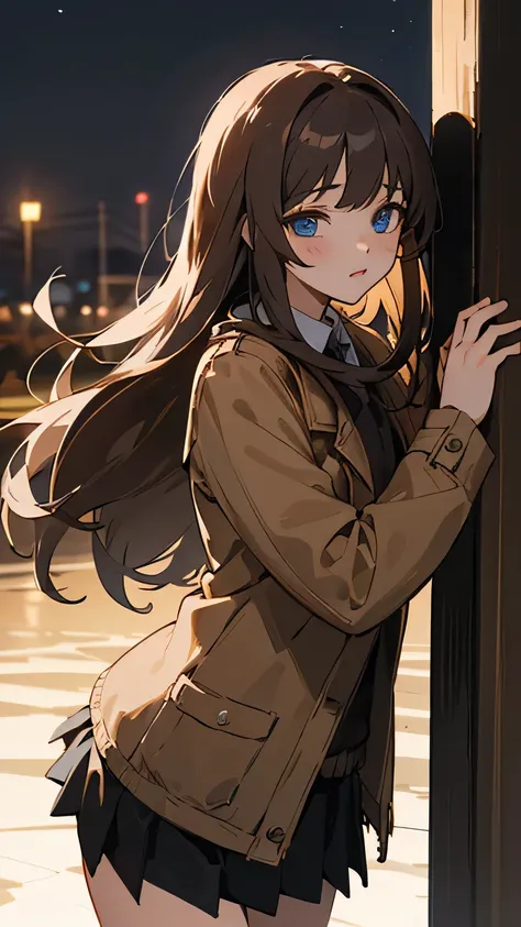 ((Best Quality)), ((masterpiece)), (  Details), 8k, One Beautiful Girl , Almond Eye,Brown long hair,Blue Eyes,Brown jacket, black miniskirt, the silence of a November night , I remember your voice , only the warmth of the hands held together, a memorable a...