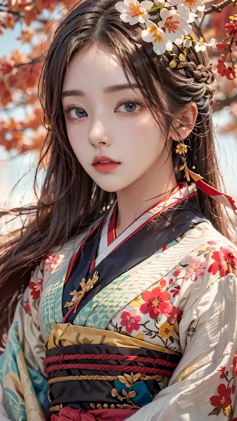 realistic, high resolution, soft light, one female, solo, long hair, red hanbok, jewels, cherry blossoms