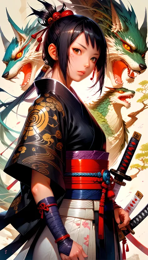 score_9, score_8_up, score_7, a picture of japanese female samurai, she has long black hair, wearing samurai armor, armed with a...