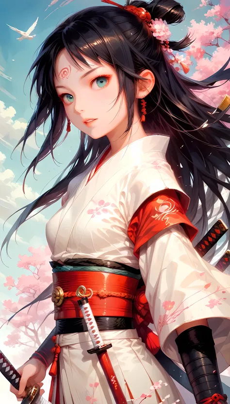 score_9, score_8_up, score_7, a picture of japanese female samurai, she has long black hair, wearing samurai armor, armed with a...