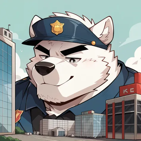 Gekritzel polar bear Gesicht,Humanity (polar bear) ,pummelig,(  black eyebrows  :1.1),(perfect eyes),White fur，（artist:takemoto arashi），paw，（ Black beard :1.3），（police uniform:1.3），（police cap:1.3）, (Massiv:3.0, (  heavyweight,stark,Macro, Emphasize, Is ne...