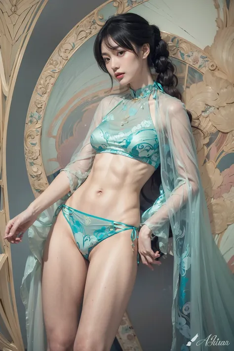 Beautiful Asian woman, blue voile lingerie, gold gilded wall