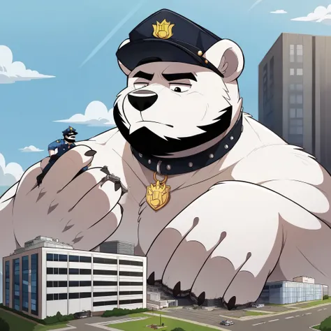 Gekritzel Golden polar bear,Humanity (polar bear),pummelig,(  black eyebrows  :1.1),(perfect eyes),White fur，（artist:takemoto arashi），Living room background ，whole body,（collar:1.3），paw，（ Black beard :1.3），（police uniform:1.3），（Police hat in hand  :1.3）, (...