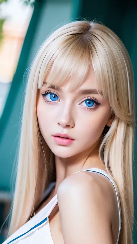 bust shot、 pink sailor suit 、uniform、 Very beautiful Swedens first 々A beautiful girl with a good-looking young face 、Dazzling, shiny skin with a very white sheen、 beautiful bangs、 Extremely long, straight, silky, beautiful platinum blonde、 super long supe...