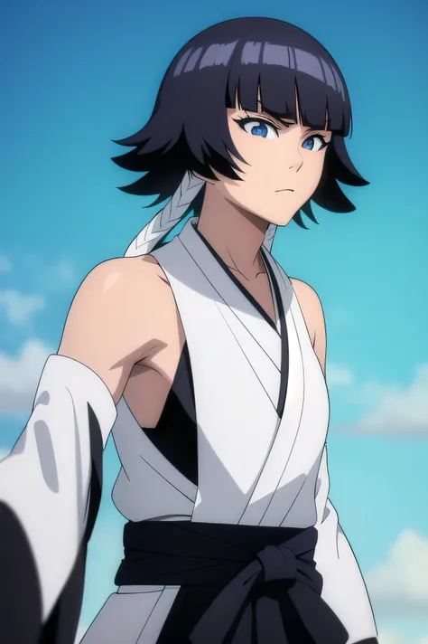 Thirst, Thirst, short hair, bang, black hair , short hair with long locks, ( black eyes:1.5),
BREAK gloves, japanese clothes, elbow gloves , hakama, black hakama, Haori, (white Haori:1.5), black kimono with an open neckline you can see the middle ches...